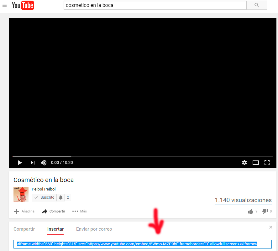 pinchar sobre 'insertar' para ver el código del iframe